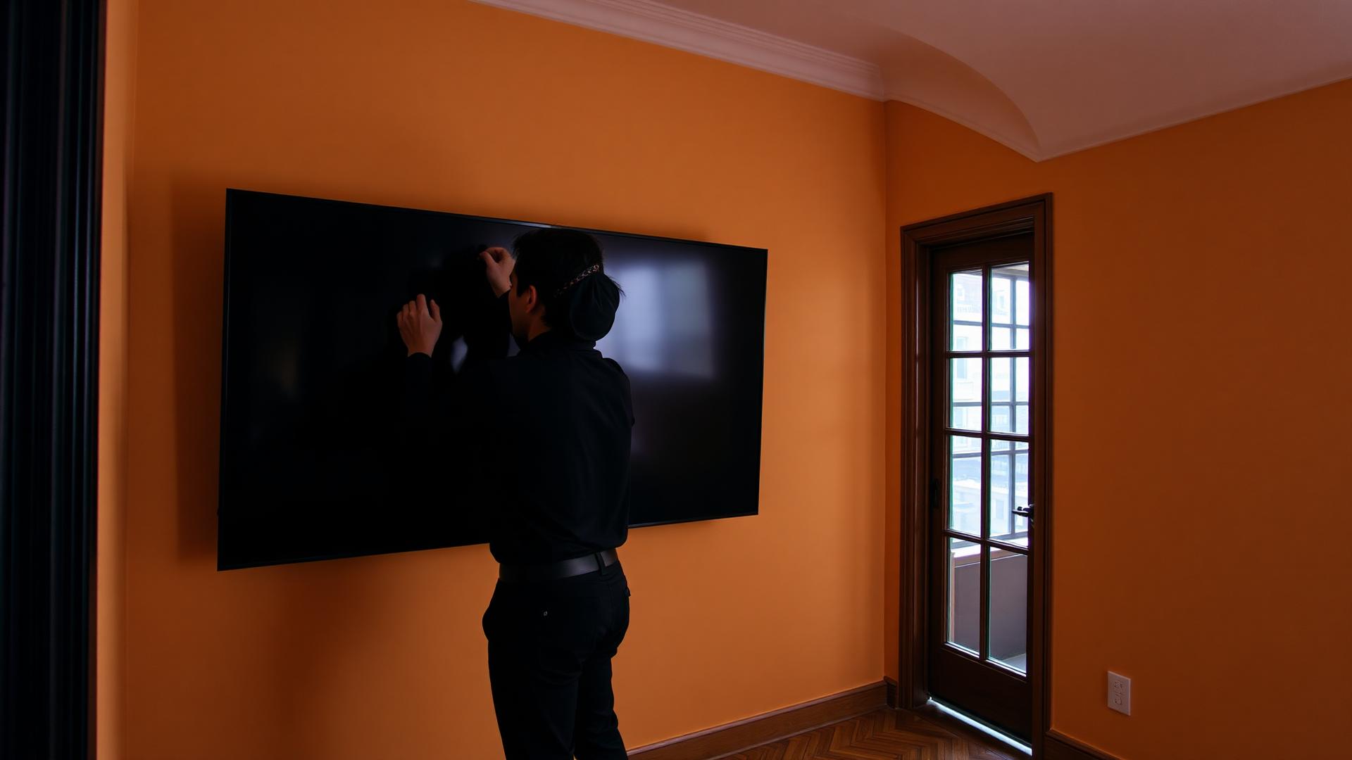 Large flat-screen TV mounted on a prewar apartment wall