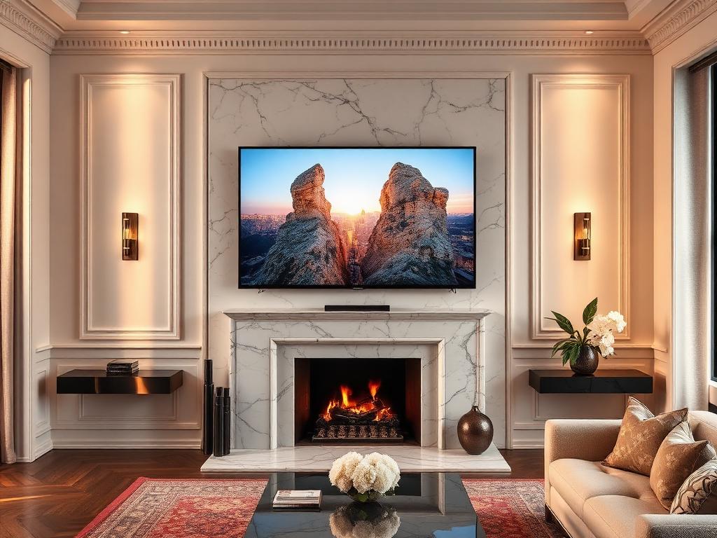 TV mounted flush above a marble fireplace in a Manhattan living room
