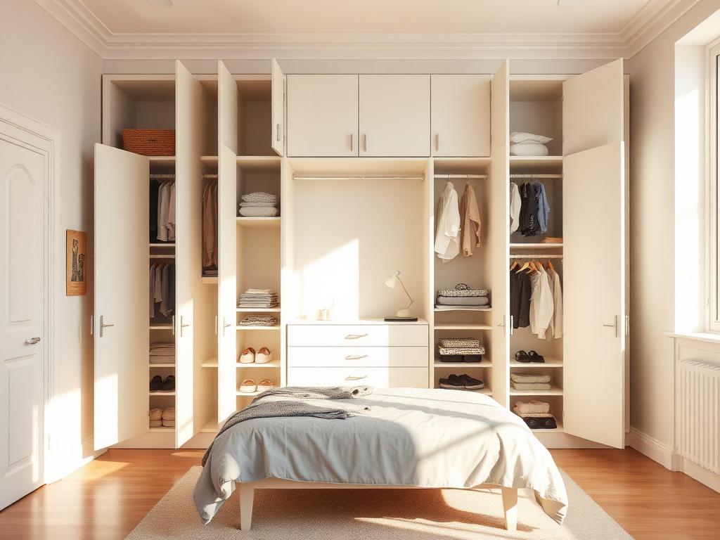 Completed IKEA PAX wardrobe wall unit with organized interior
